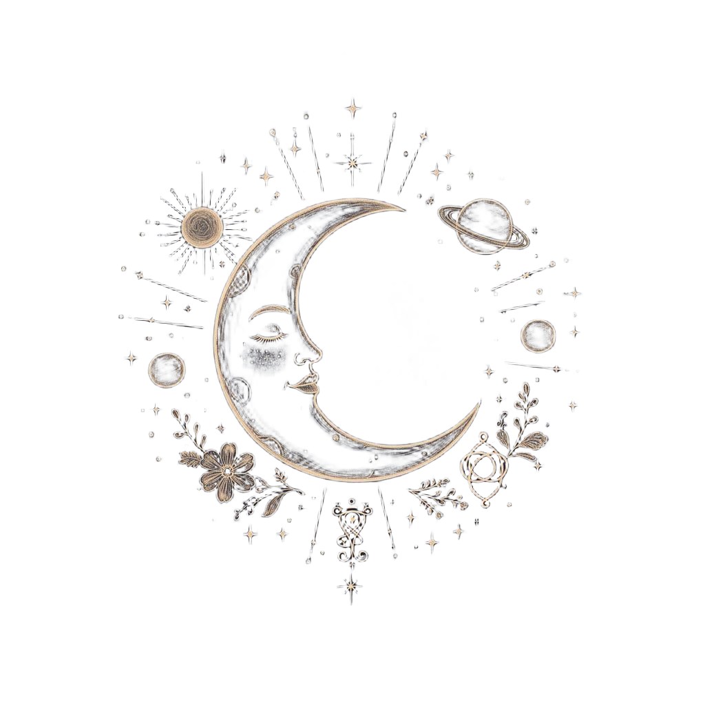Whimsical hand-drawn crescent moon with stars and florals
